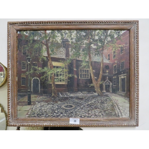 38 - FRAMED OIL ON BOARD OF A COURTYARD SCENE - PENCILED VERSO 'STAPLE INN LONDON WC2 BY LEVESON GOWER