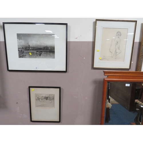 43 - TWO ORIGINAL ETCHINGS BY SIR FRANK SHORT TO INCLUDE 'SCENE BOATS, St IVES' AND A NAKED SKETCH OF A L... 