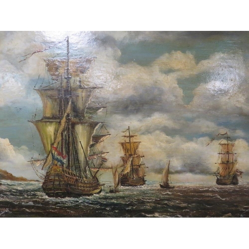 36 - A GILT FRAMED OIL ON BOARD OF DUTCH SAIL SHIPS, INDISTINCTLY SIGNED LOWER LEFT G. RODERICK;