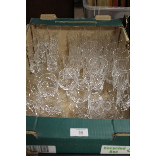 50 - THREE TRAYS OF ASSORTED GLASSWARE TO INC ROYAL BRIERLEY