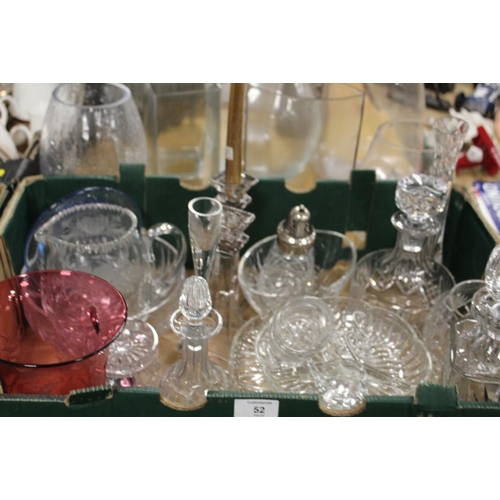 52 - A QUANTITY OF GLASSWARE TO INCLUDE ETCHED EXAMPLES, DECANTERS, VASES ETC