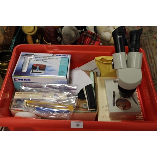 58 - A QUANTITY OF STAMP COLLECTING ACCESSORIES TO INCLUDE MICROSCOPE, TOOLS ETC