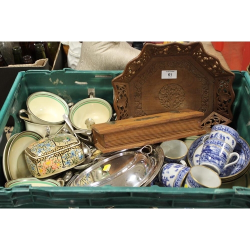 61 - A TRAY OF ASSORTED CERAMICS ETC TO INC ORIENTAL COFFEE CANS AND SAUCERS