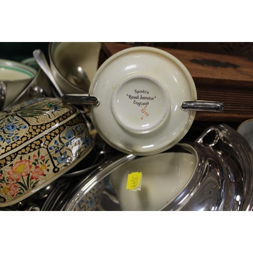 61 - A TRAY OF ASSORTED CERAMICS ETC TO INC ORIENTAL COFFEE CANS AND SAUCERS