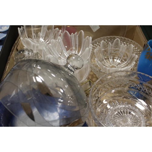 62 - THREE TRAYS OF GLASSWARE TO INCLUDE PAPERWEIGHTS, WATERFORD DESK CLOCK ETC