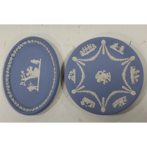 63 - A TRAY OF MOSTLY WEDGWOOD BLUE JASPERWARE