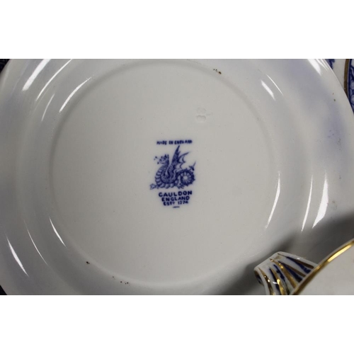 72 - A TRAY OF ASSORTED BLUE AND WHITE WARE TO INCLUDE GEORGE JONES DRAGON PATTERN