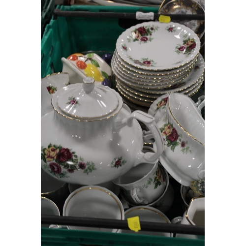 81 - THREE TRAYS OF ASSORTED CERAMICS AND GLASS TO INCLUDE TEA AND COFFEE WARE TOGETHER WITH A TRAY OF GL... 