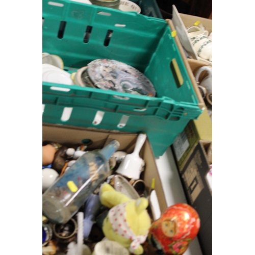 82 - THREE TRAYS OF ASSORTED CERAMICS ETC TO INCLUDE A SET OF RUSSIAN DOLLS