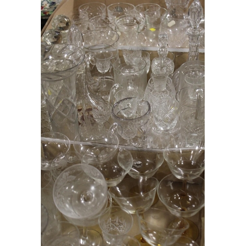 105 - THREE TRAYS OF ASSORTED GLASSWARE TO INC DECANTERS