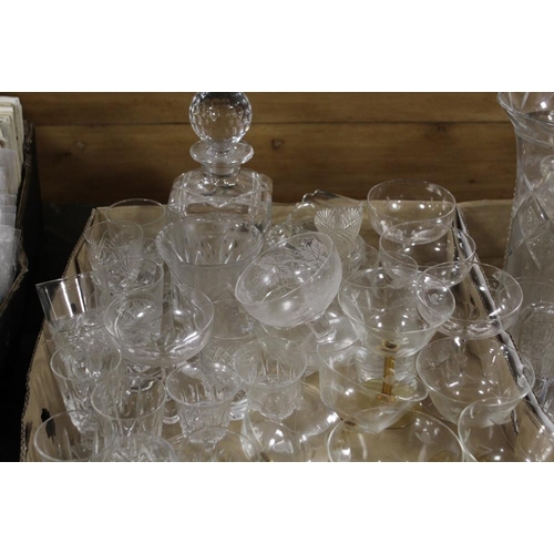 105 - THREE TRAYS OF ASSORTED GLASSWARE TO INC DECANTERS