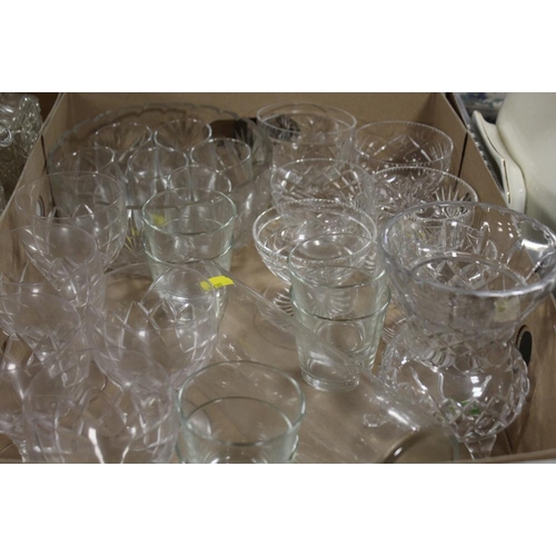 105 - THREE TRAYS OF ASSORTED GLASSWARE TO INC DECANTERS