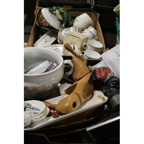 116 - TWO TRAYS OF ASSORTED CERAMICS AND SUNDRIES TO INC WOODEN SHOE LASTS, MONEY BANK ETC