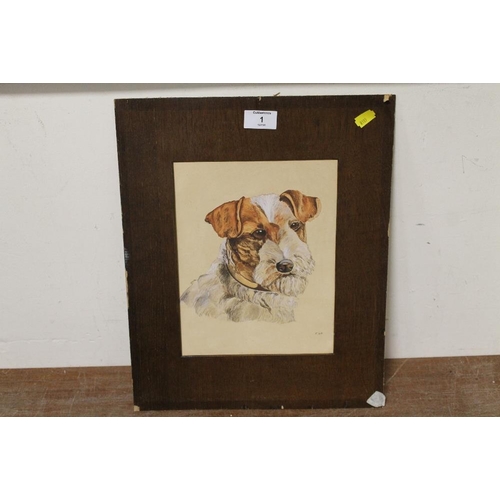 1 - AN UNFRAMED WATERCOLOUR HEAD AND SHOULDER PORTRAIT OF A TERRIER, INITIALLED LOWER RIGHT F.K.R.