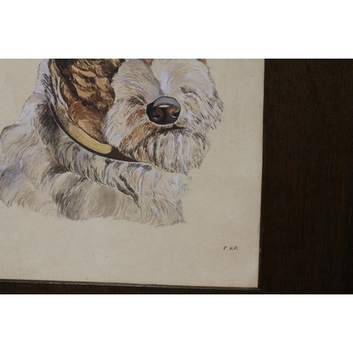 1 - AN UNFRAMED WATERCOLOUR HEAD AND SHOULDER PORTRAIT OF A TERRIER, INITIALLED LOWER RIGHT F.K.R.