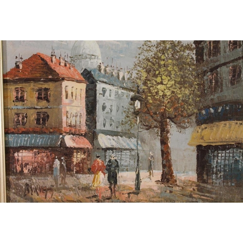 40 - A QUANTITY OF GILT FRAMED PICTURES TO INCLUDE A SMALL PARISIAN STYLE OIL ON CANVAS