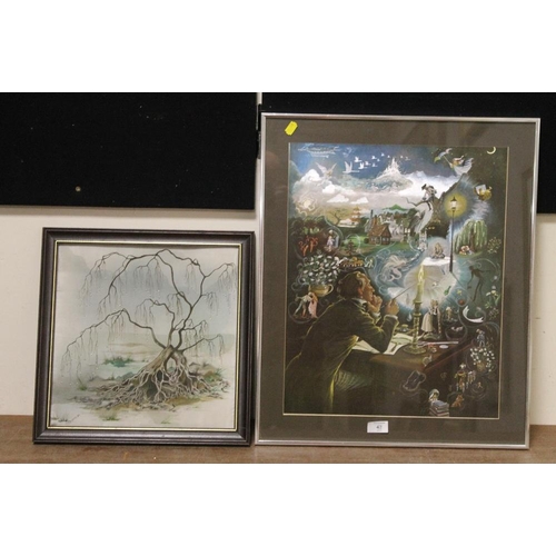 43 - A CHROME EFFECT FRAMED AND GLAZED METALLIC MYSTICAL FAIRYLAND STYLE SCENE TOGETHER WITH AN UNUSUAL T... 