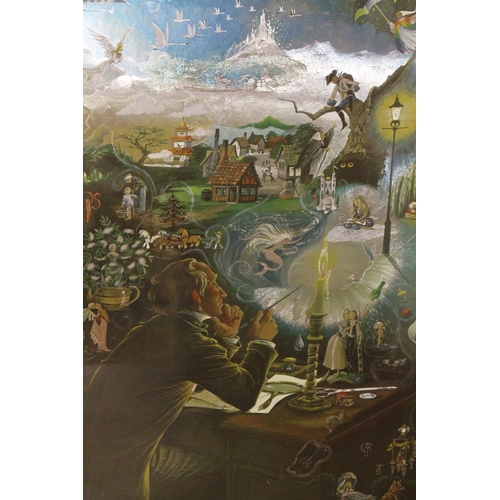 43 - A CHROME EFFECT FRAMED AND GLAZED METALLIC MYSTICAL FAIRYLAND STYLE SCENE TOGETHER WITH AN UNUSUAL T... 