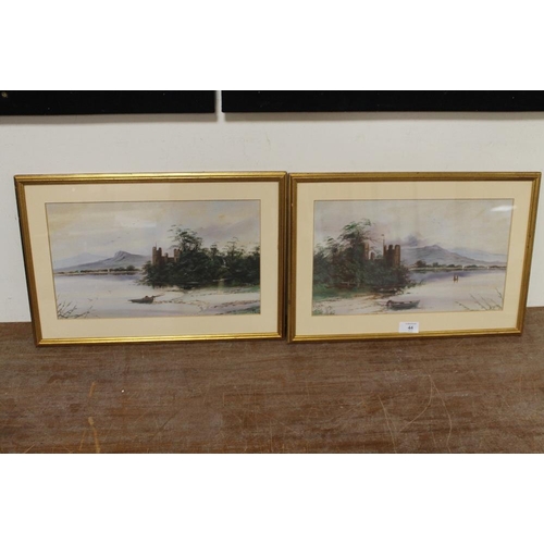 44 - A PAIR OF GILT FRAMED AND GLAZED WATERCOLOURS OF LAKESIDE CASTLES BOTH SIGNED LOWER LEFT ONE DATED 1... 