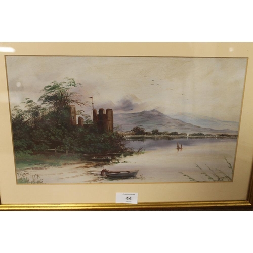 44 - A PAIR OF GILT FRAMED AND GLAZED WATERCOLOURS OF LAKESIDE CASTLES BOTH SIGNED LOWER LEFT ONE DATED 1... 