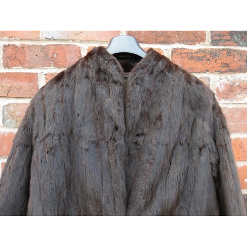 45 - A LADIES VINTAGE RICH MAHOGANY BROWN FUR COAT, possibly ermine, fully lined, front hook fastening