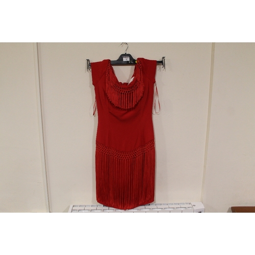 47 - A RED TASSLE DESIGNER DRESS BY CATHERINE WALKER - SIZE 12