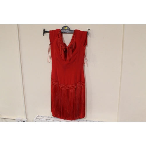 47 - A RED TASSLE DESIGNER DRESS BY CATHERINE WALKER - SIZE 12