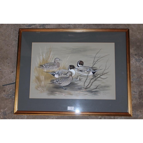 1 - A MODERN PICTURE OF FOUR DUCKS SIGNED PAUL A NICHOLAS 1974 35.5 X 53 CM