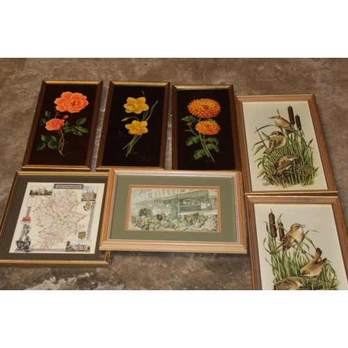 15 - A BOX OF ASSORTED PICTURES, PRINTS ETC TO INCLUDE A PAIR OF OILS OF WILD BIRDS