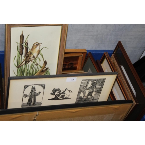 15 - A BOX OF ASSORTED PICTURES, PRINTS ETC TO INCLUDE A PAIR OF OILS OF WILD BIRDS