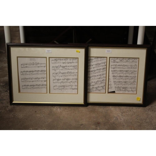 17 - TWO MIXED MEDIA PORTRAIT SKETCHES TOGETHER WITH FRAMED MUSIC SCORES (4)