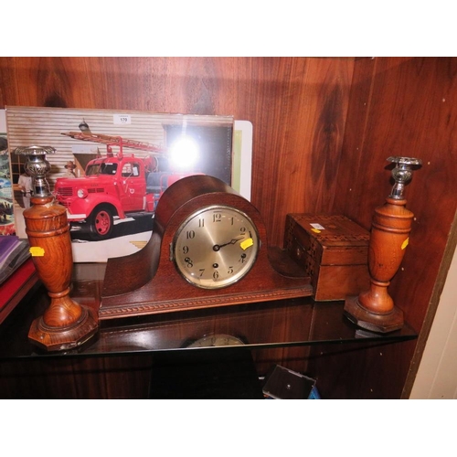 171 - A NAPOLEON HAT MANTLE CLOCKS AND INLAID BOX TOGETHER WITH A PAIR OF CANDLESTICKS