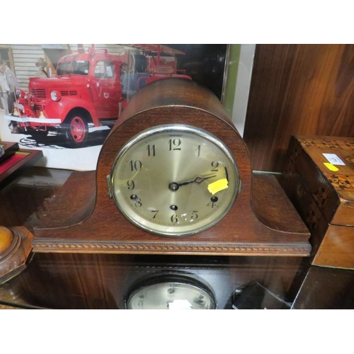 171 - A NAPOLEON HAT MANTLE CLOCKS AND INLAID BOX TOGETHER WITH A PAIR OF CANDLESTICKS