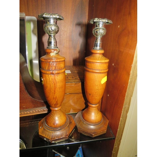 171 - A NAPOLEON HAT MANTLE CLOCKS AND INLAID BOX TOGETHER WITH A PAIR OF CANDLESTICKS