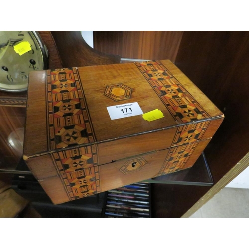 171 - A NAPOLEON HAT MANTLE CLOCKS AND INLAID BOX TOGETHER WITH A PAIR OF CANDLESTICKS