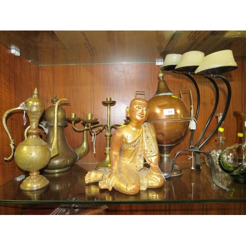 175 - AN ANTIQUE COPPER SAMOVAR TOGETHER WITH A SELECTION OF ASSORTED METAL WARE AND A MODERN BUDDHA FIGUR... 