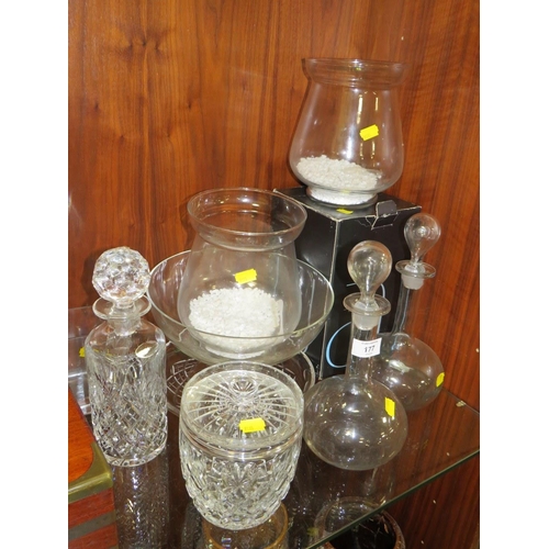 177 - A SELECTION OF GLASSWARE TO INC VINTAGE DECANTERS, CUT GLASS ETC