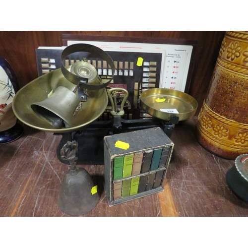 182 - A COLLECTION OF ASSORTED METALWARE ETC TO INC F.J. THORTON & CO LTD SET OF SCALES, SERVANTS BELL ETC