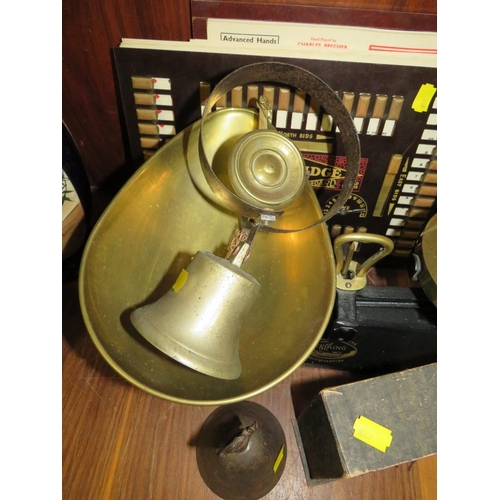 182 - A COLLECTION OF ASSORTED METALWARE ETC TO INC F.J. THORTON & CO LTD SET OF SCALES, SERVANTS BELL ETC