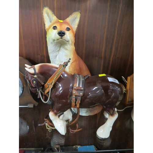 187 - A MODERN FIRESIDE FOX TOGETHER WITH A CERAMIC SHIRE HORSE (2)