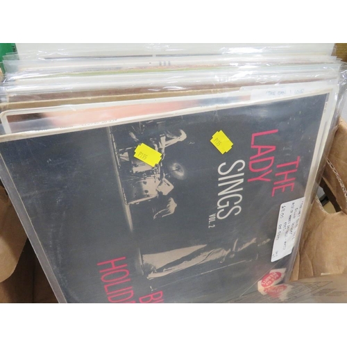 193 - A BOX OF LP RE CORDS TO INC ELVIS, BILLIE HOLIDAY, JOSH WHITE, GEORGE SHEARING ETC