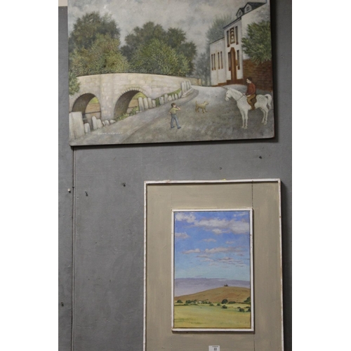 22 - TWO CONTEMPORARY OIL ON BOARD AND OIL ON CANVAS DEPICTING A STREET SCENE AND COASTAL SCENE