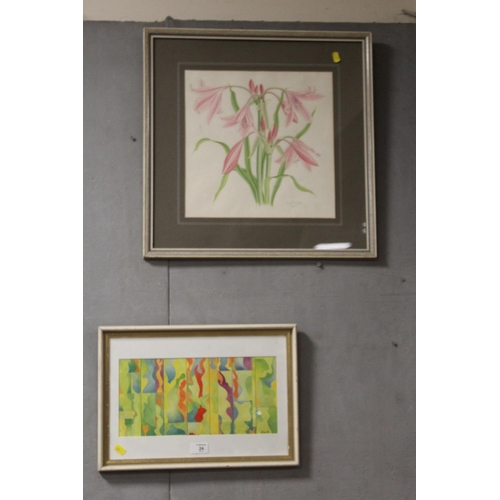 24 - A MODERN ABSTRACT WATERCOLOUR SIGNED RILEY, TOGETHER WITH A FLORAL WATERCOLOUR SIGNED WILKES