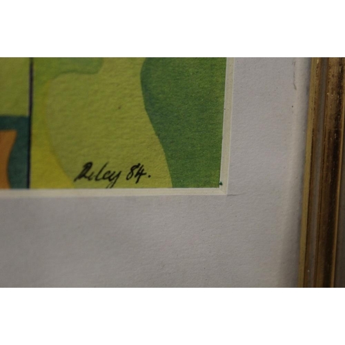 24 - A MODERN ABSTRACT WATERCOLOUR SIGNED RILEY, TOGETHER WITH A FLORAL WATERCOLOUR SIGNED WILKES