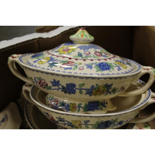 47 - A TRAY OF ASSORTED MASONS REGENCY PATTERN DINNERWARE, TO INCLUDE TUREENS, VARIOUS SIZE PLATES ETC