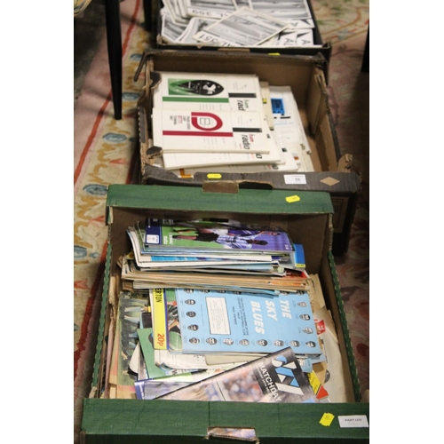 56 - THREE TRAYS OF ASSORTED EPHEMERA TO INCLUDE HAM RADIO MAGAZINES CIRCA 1970S ETC, FOOTBALL PROGRAMMES... 