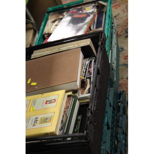 62 - A LARGE COLLECTION OF BOOKS AND MAGAZINES ETC CONTAINED IN FIVE TRAYS, TO INCLUDE RAILWAY, VEHICLE R... 