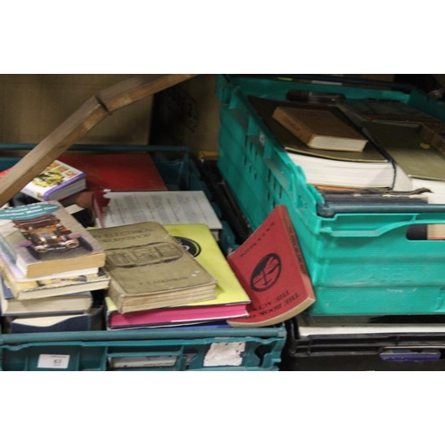 63 - THREE TRAYS OF ASSORTED BOOKS ETC., TO INCLUDE MANUALS, MODERN AND VINTAGE BOOKS ETC