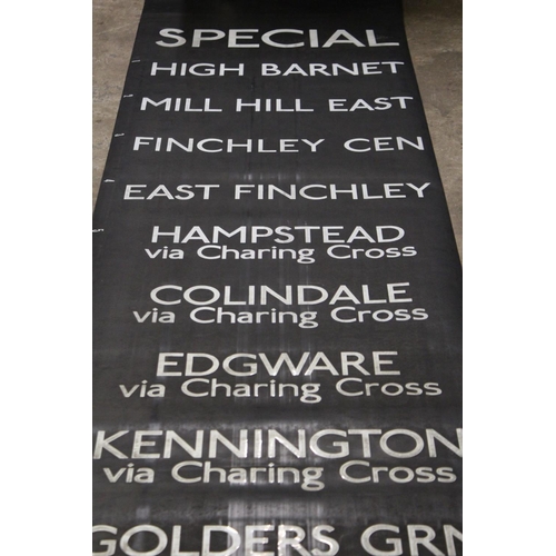 64 - A LARGE COLLECTION OF BUS DESTINATION BLINDS, VARIOUS ERAS TO INCLUDE FABRIC EXAMPLES ETC