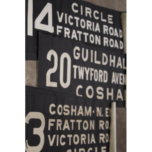 64 - A LARGE COLLECTION OF BUS DESTINATION BLINDS, VARIOUS ERAS TO INCLUDE FABRIC EXAMPLES ETC